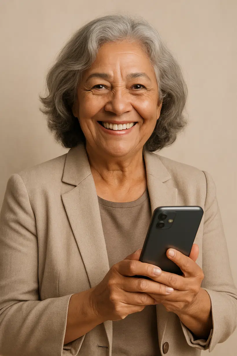 Idosa sorridente com celular